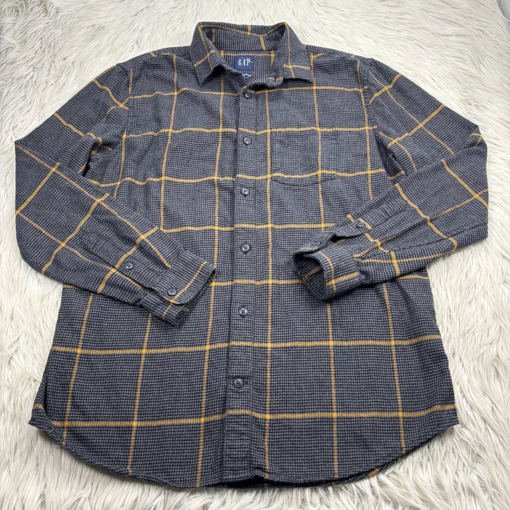 Gap Men's M Gray Black Orange Plaid Flannel‎ Button Front Shirt Cotton Preppy